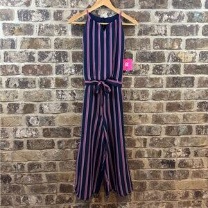 iZ byer girl Blue with Pink & White Striped Jumpsuit with Belt Girls Sz 16